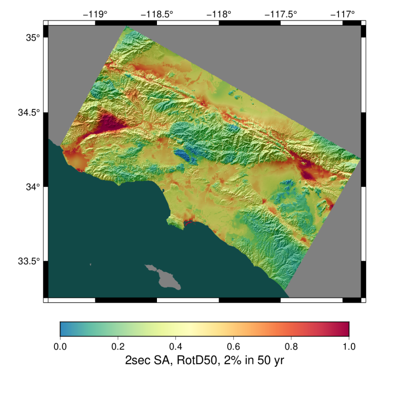 This CyberShake Study 22.12 seismic hazard model shows the Southern California regions (in reds and yellows) expected to experience strong ground motions at least once in the next 2,500 years. Image Credit: Statewide California Earthquake Center (SCEC).