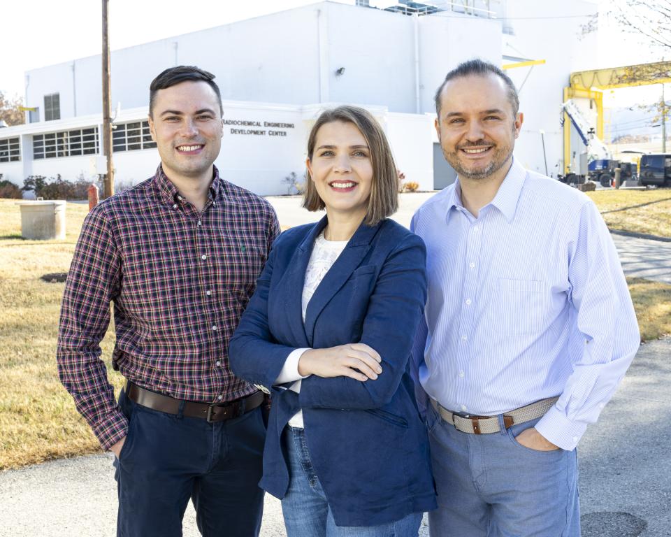 This groundbreaking promethium research was led by, from left, Alex Ivanov, Santa Jansone-Popova and Ilja Popovs, all of ORNL. Credit: Carlos Jones/ORNL, U.S. Dept. of Energy