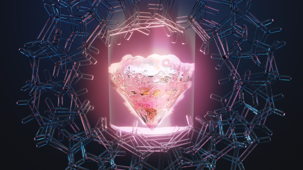 Conceptual art shows the rare earth element promethium in a vial surrounded by an organic ligand. ORNL scientists have discovered hidden features of promethium, opening a pathway for research into other lanthanide elements. Credit: Jacqueline DeMink, art; Thomas Dyke, photography; ORNL, U.S. Dept. of Energy