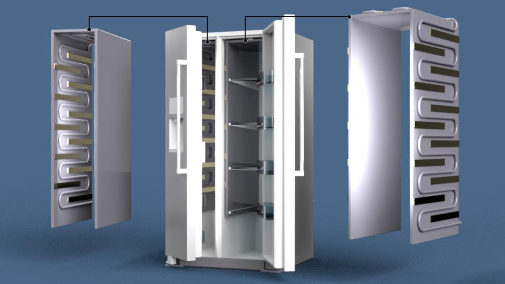 Blue background with three rectangles. The first and third silver rectangles are showing the inside metal part of a fridge with small alternating horizontal rectangles going down the side in darker grey/silver. 