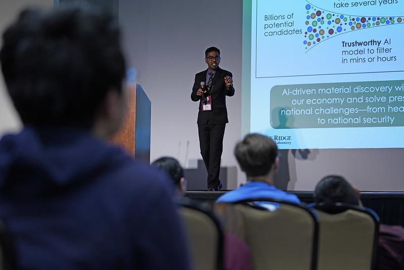 Dr. Prasanna Balaprakash speaks at the Plenary session during the 2024 National Science Bowl®