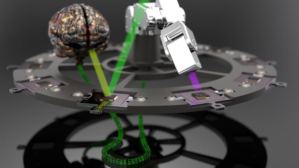 In this artist’s conception of the process, an automated deposition system places a new material onto a base material (purple beam, right) as the last sample that was made is analyzed and sent to the AI (green beams, brain, left). The AI tells the pulsed laser deposition machine what to do next (data cable, bottom). 