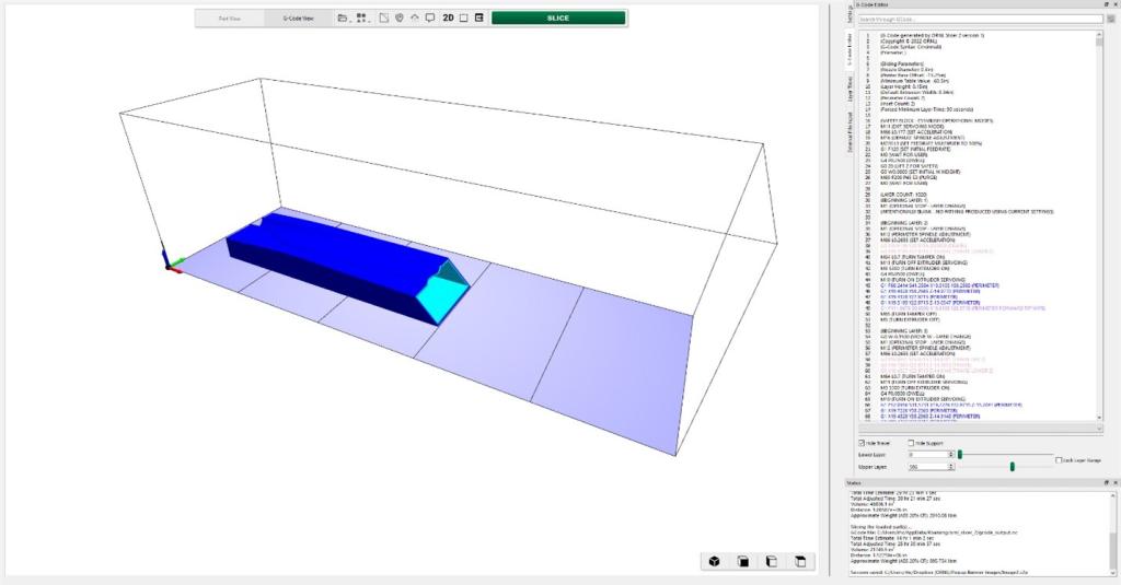 Image showing a slicer, a drawing of a 3D box with a blue floor and a dark blue rectangle inside it - there is some text on the right hand side of the image