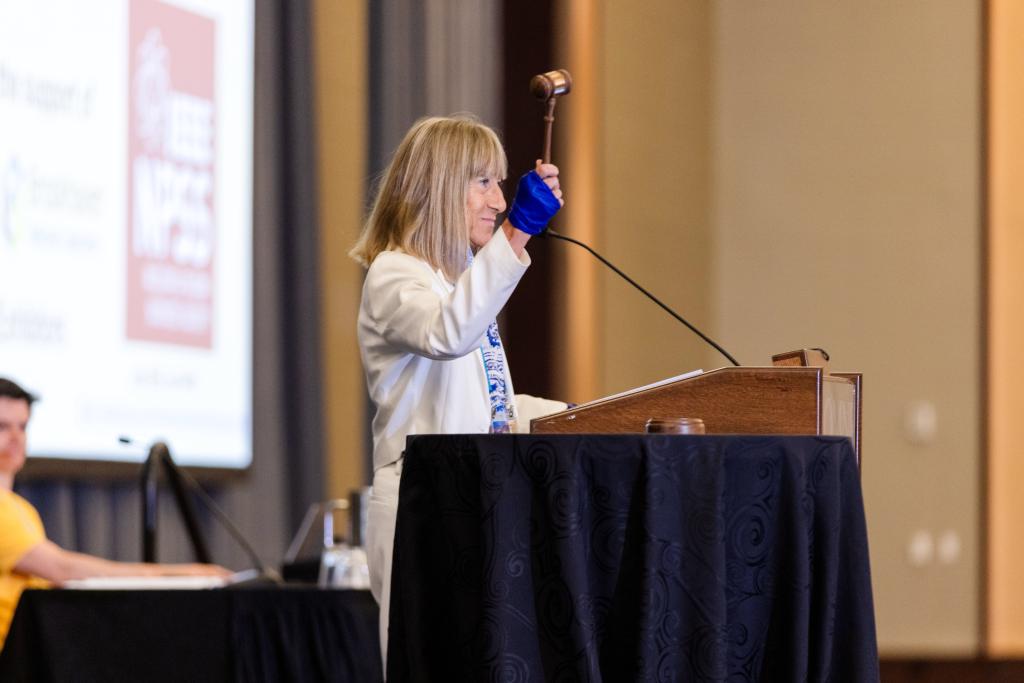 Woman is standing at podium holding a gavel in the air. 