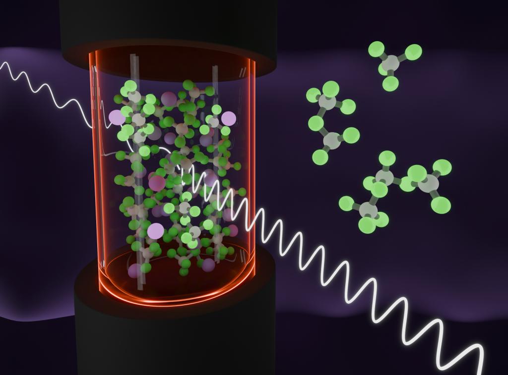 Red tube holds a cluster of green and purple dots (hundreds of dots) while a long white line runs across the image, giving the appearance of waves. 