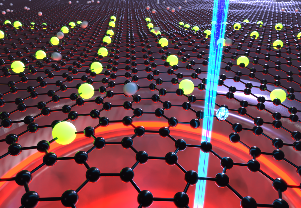 Illustration of an electron beam ejecting a carbon atom from graphene