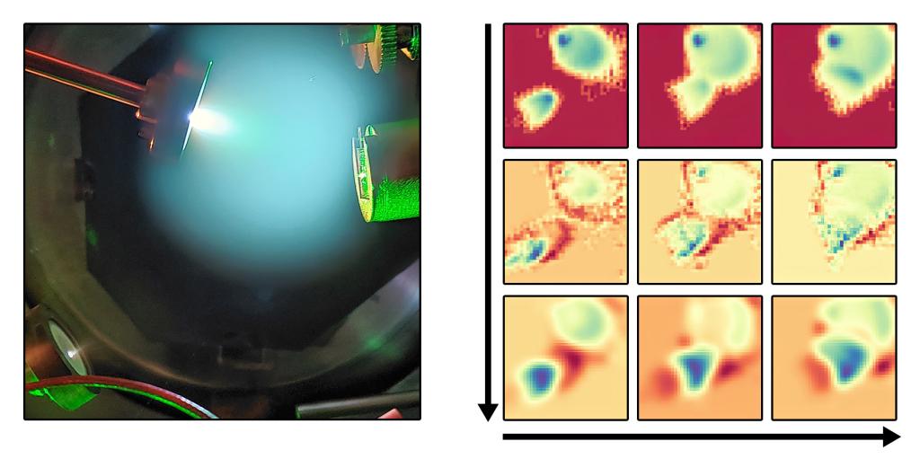  Pictured on the left, human vision of the pulsed laser deposition plasma plumes. On the right, images from movies of the interpretation of the plasma plumes by AI, which can predict film growth characteristics