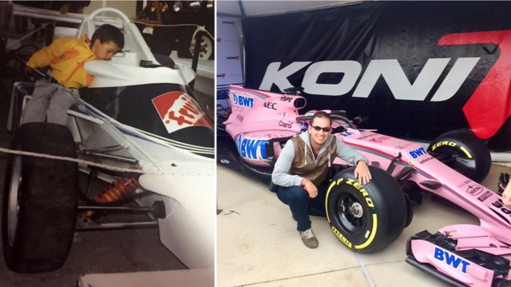 Maldonado poses in front of racecars