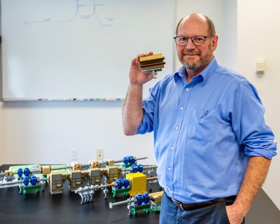 Robert Saethre has worked to create a LEGO model of the ring injection region of the SNS’ pulsed accelerator that features the new Proton Power Upgrade magnets and vacuum chambers. 