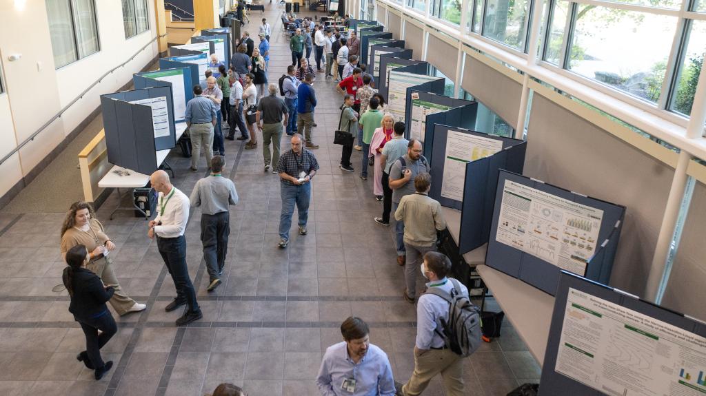 Attendees gather for a poster session during the OLCF User Meeting on Sept. 10, 2024. Credit: Carol Morgan/ORNL, U.S. Dept. of Energy