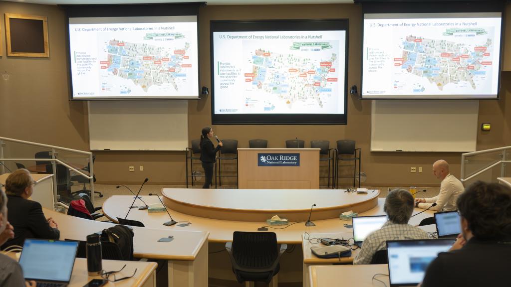 Verónica Melesse Vegara, head of the HPC Operations Section for the NCCS, gives opening remarks during the OLCF User Meeting on Sept. 10, 2024. Credit: Kurt Weiss/ORNL, U.S. Dept. of Energy