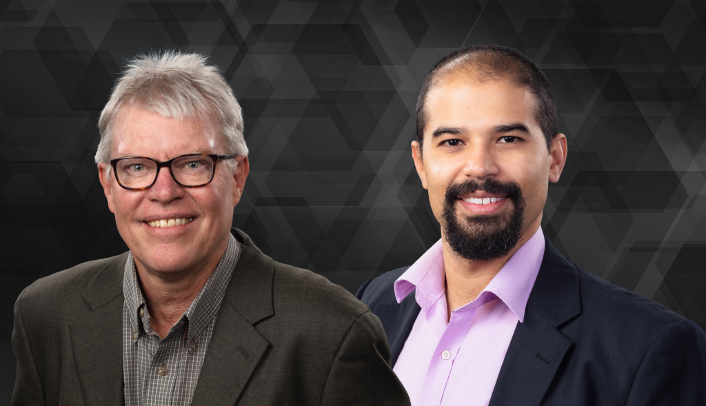 ORNL researchers Tom Beck and Daniel Claudino are pictured here in a graphic with grey background