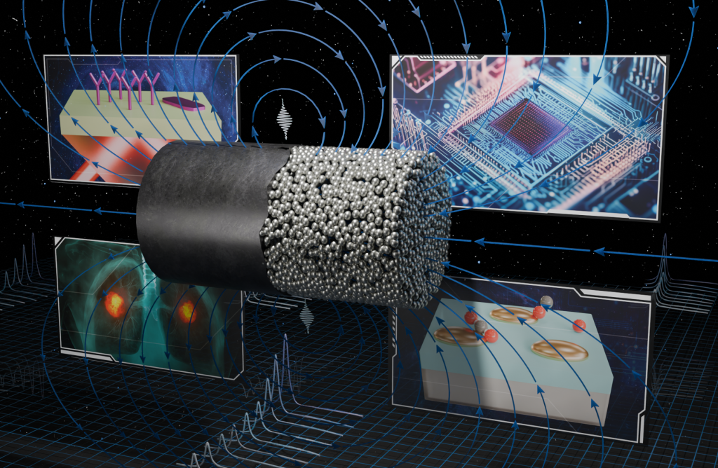 Illustration of a real-time simulation showing a metallic nanoparticle’s optical response to light using RT-TDDFT. The image depicts electron oscillations and surrounding electromagnetic fields. Four inset panels represent applications: plasmon-enhanced biosensing, quantum computing, photochemical catalysis, and cancer detection through photothermal therapy.