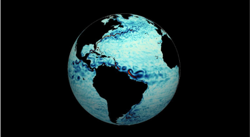 an illustration of the globe with a black background and continents where the ocean is a bright light showing atmospheric moisture movement
