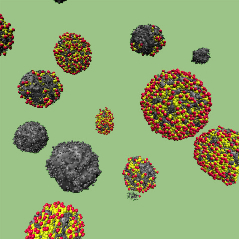 A molecular dynamics simulation depicts solid (black) and hollow (multicolored) carbon spheres derived from the waste sugar streams of biorefineries. The properties of the hollow spheres are ideal for developing energy storage devices called supercapacito