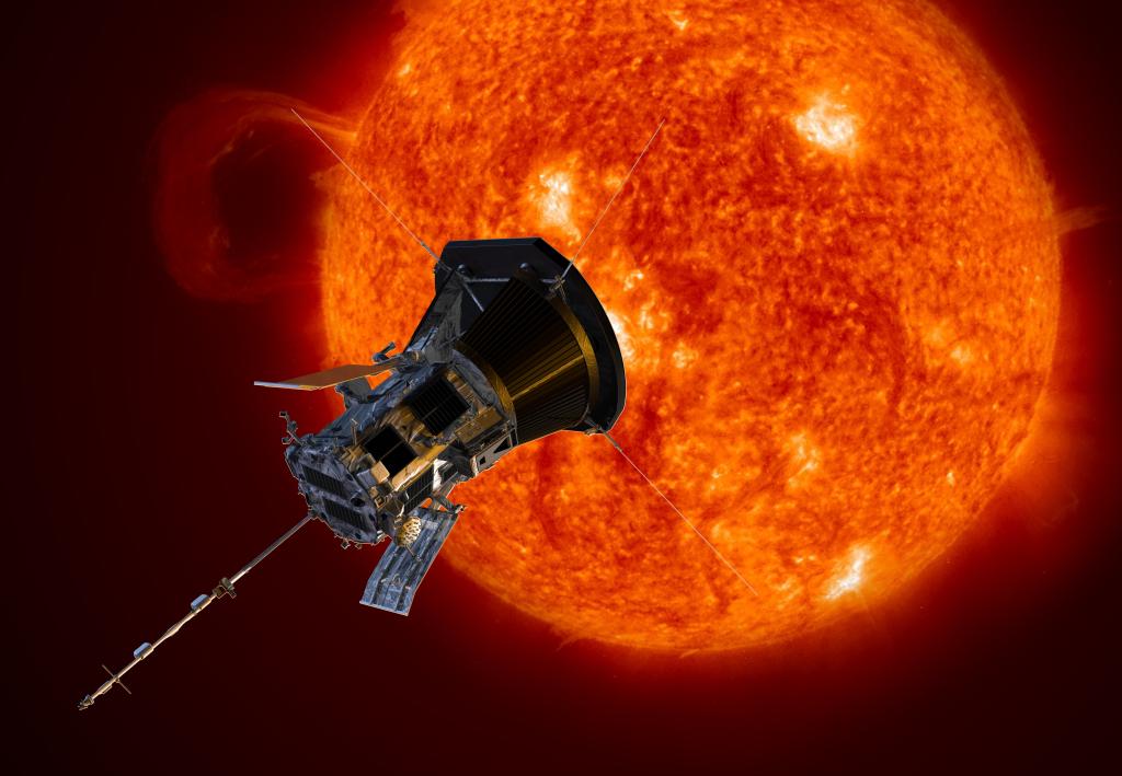 Illustration of satellite in front of glowing orange celestial body