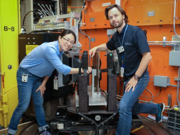 Professors Zhenzhen Yu (left) and Michael Joachim Andreassen use neutrons at HFIR’s NRSF2 to investigate residual stresses expected to occur in the welds of offshore underwater wind turbine foundations. (Credit: ORNL/Genevieve Martin) Professors Zhenzhen Yu (left) and Michael Joachim Andreassen use neutrons at HFIR’s NRSF2 to investigate residual stresses expected to occur in the welds of offshore underwater wind turbine foundations. (Credit: ORNL/Genevieve Martin)