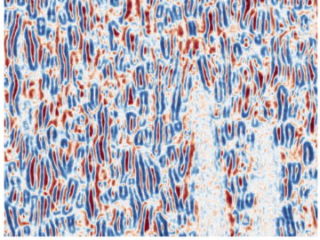 After studying the mixture of lead titanate and strontium titanate with x-ray diffraction imaging, the research team used machine learning techniques to identify two different phases at the nanoscale level: ferroelectric-ferroelastic (red, A) and polarization vortices (blue, V).