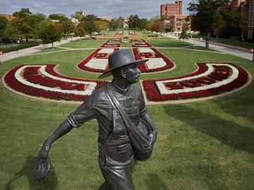 A University of Oklahoma campus icon, the Seed Sower symbolizes the importance of sowing the seeds of knowledge to bear fruit in the future. Credit: University of Oklahoma