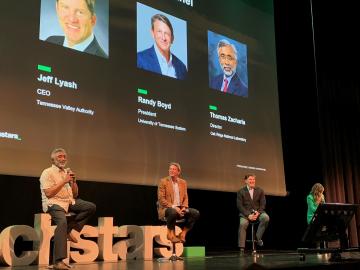 From left, ORNL Director Thomas Zacharia; Randy Boyd, president of the University of Tennessee; Jeff Lyash, CEO of the Tennessee Valley Authority; and Tricia Martinez, managing director of Techstars; participate in a panel discussion at Techstars Industries of the Future 2022 Demo Day, held May 26 at the University of Tennessee, Knoxville.