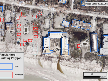This image from Sept. 30, 2022, shows how the Federal Emergency Management Agency used ORNL's USA Structures data along with new satellite images to identify structures that were destroyed in Lee County, Florida, during Hurricane Ian. Credit: ORNL, U.S. Dept. of Energy