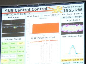 A control room monitor at Oak Ridge National Laboratory’s Spallation Neutron Source displays the power level of 1555 kilowatts (1.55 megawatts), a world record for a linear accelerator used for neutron research. Credit: Jeremy Rumsey/ORNL