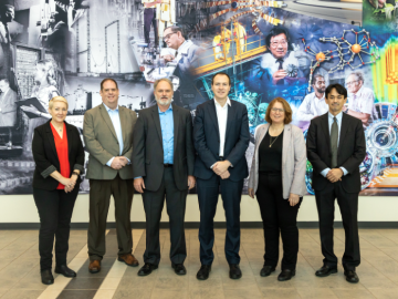UKAEA will provide novel fusion materials to be irradiated in ORNL’s HFIR facility over the next four years. From left, Kathy McCarthy, Jeremy Busby, Mickey Wade, Prof Sir Ian Chapman (UKAEA CEO), Cynthia Jenks and Yutai Kato will represent this new partnership. Not pictured: Dr. Amanda Quadling, UKAEA’s Director of Materials Research Facility. Credit: Genevieve Martin/ORNL, U.S. Dept. of Energy