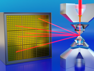 ORNL researchers used diamonds to compress materials to 1.2 million times ambient pressure and software to remove signal interference and extract data on pressure-induced atomic structures. Credit: Jill Hemman/ORNL, U.S. Dept. of Energy