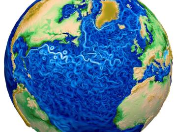 Model output showing the Earth's landmass and ocean currents
