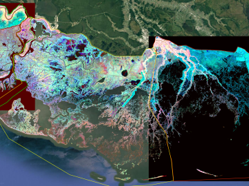 The ORNL DAAC gathers, processes, archives and distributes information on key land processes, including the shifting ecological and geomorphological features of the U.S. Atchafalaya and Terrebonne basins gathered by the NASA Delta-X mission shown here. Credit: NASA Delta-X