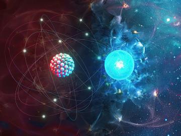 Conceptual art depicts an atomic nucleus and merging neutron stars, respectively, areas of study in ORNL-led projects called NUCLEI and ENAF within the Scientific Discovery through Advanced Computing, or SciDAC, program. Credit: Adam Malin/ORNL, U.S. Dept. of Energy