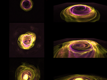 Astrophysicists at the State University of New York, Stony Brook, and University of California, Berkeley created 3D simulations of X-ray bursts on the surfaces of neutron stars. Two views of these X-ray bursts are shown: the left column is viewed from above while the right column shows it from a shallow angle above the surface. 