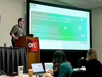 ORNL postdoctoral research associate Alex Miloshevsky presents his novel research in quantum networks at the 2024 OFC conference.