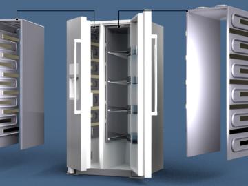Blue background with three rectangles. The first and third silver rectangles are showing the inside metal part of a fridge with small alternating horizontal rectangles going down the side in darker grey/silver.