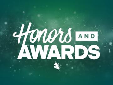 Green and blue background of a graphic image that says Honors and Awards