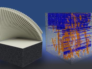 The photo is of a 3D-printed part -- a big grey block with a grey fan like structure coming out from the top. To the right shows a digital copy in an AI model. 