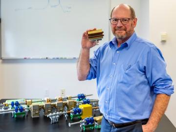 Robert Saethre has worked to create a LEGO model of the ring injection region of the SNS’ pulsed accelerator that features the new Proton Power Upgrade magnets and vacuum chambers. 