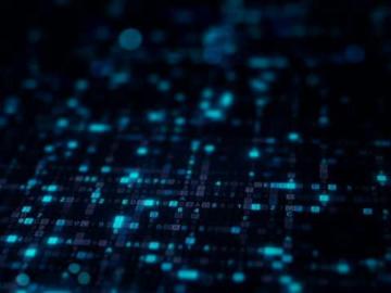 Stock image of pixels that represent AI in blue lines