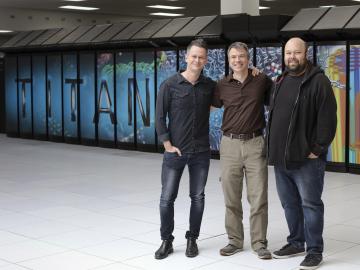 From left, Oak Ridge National Laboratory’s Gaute Hagen, Thomas Papenbrock and Gustav Jansen used the Titan supercomputer at the Oak Ridge Leadership Computing Facility to calculate the structure of doubly magic nickel-78 and its neighbors.