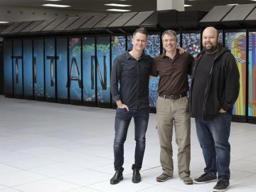 From left, Oak Ridge National Laboratory’s Gaute Hagen, Thomas Papenbrock and Gustav Jansen used the Titan supercomputer at the Oak Ridge Leadership Computing Facility to calculate the structure of doubly magic nickel-78 and its neighbors. From left, Oak Ridge National Laboratory’s Gaute Hagen, Thomas Papenbrock and Gustav Jansen used the Titan supercomputer at the Oak Ridge Leadership Computing Facility to calculate the structure of doubly magic nickel-78 and its neighbors.