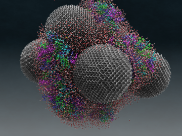 Water is seen as small red and white molecules on large nanodiamond spheres. The colored tRNA can be seen on the nanodiamond surface. Image by Michael Mattheson, OLCF, ORNL