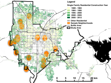 Researchers analyzed 15 years of data across 16 neighborhoods, shown in orange, in the Las Vegas Valley Water District to determine whether one home’s participation in the utility’s water conservation program had a measureable effect on their neighbors’ l Researchers analyzed 15 years of data across 16 neighborhoods, shown in orange, in the Las Vegas Valley Water District to determine whether one home’s participation in the utility’s water conservation program had a measureable effect on their neighbors’ l