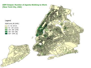 This map of New York City shows how many people walk to work each morning. The resolution is block group level. This map of New York City shows how many people walk to work each morning. The resolution is block group level.