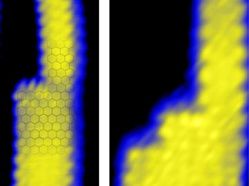 An ORNL-led team formed seamless interfaces between graphene ribbons with different widths, creating a staircase configuration. This configuration has seamless electrical contacts, making the material viable as a building block for next-generation electro An ORNL-led team formed seamless interfaces between graphene ribbons with different widths, creating a staircase configuration. This configuration has seamless electrical contacts, making the material viable as a building block for next-generation electro