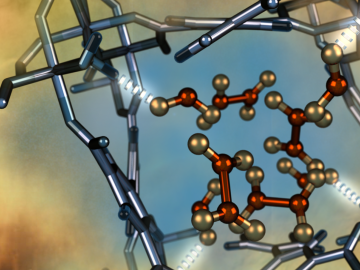 Illustration of a nitrogen dioxide molecule (depicted in red and gold) confined within a nano-size pore of an MFM-300(Al) metal-organic framework material as characterized using neutron scattering at Oak Ridge National Laboratory. 