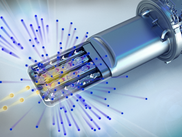 As protons (pink) strike the target vessel and pass into the liquid mercury inside, the protons are absorbed, creating neutrons (blue) that are then sent through moderators and beam tubes to research instruments to study the fundamental properties of mate As protons (pink) strike the target vessel and pass into the liquid mercury inside, the protons are absorbed, creating neutrons (blue) that are then sent through moderators and beam tubes to research instruments to study the fundamental properties of mate