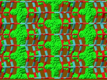 Researchers predicted where lithium ions (green spheres) would pack and move in an open framework of epitaxially strained vanadium dioxide, depicted here by a stick model (oxygen-connecting bonds are red and vanadium-connecting bonds, turquoise). 