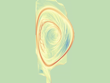 A visualization using Finite Time Lyapunov Exponents (FTLE) of the bulk velocity field derived from particles in an XGC1 fusion simulation. The bulk velocity field was computed and visualized in situ using the ADIOS staging transport method.