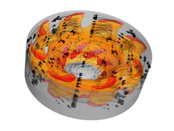 In a model of a 1.6 liter engine cylinder, liquid fuel (shown in red and orange) is converted to fuel vapor under high temperatures during ignition. Image courtesy of Ronald Grover. In a model of a 1.6 liter engine cylinder, liquid fuel (shown in red and orange) is converted to fuel vapor under high temperatures during ignition. Image courtesy of Ronald Grover.