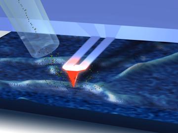 A heated atomic force microscope cantilever probe touches a surface to be analyzed. Surface material that is thermally desorbed is drawn as a vapor into the ion source of the mass spectrometer, ionized and then detected and analyzed by a mass spectromete A heated atomic force microscope cantilever probe touches a surface to be analyzed. Surface material that is thermally desorbed is drawn as a vapor into the ion source of the mass spectrometer, ionized and then detected and analyzed by a mass spectromete